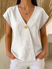 Women's Lime Green T-Shirt With V-Neck, Kimono Neckline And Decorative Button, Breathable Linen Fabric, Casual Chic Style Ideal For Holidays And Summer Looks. - 白色 - 查看 3
