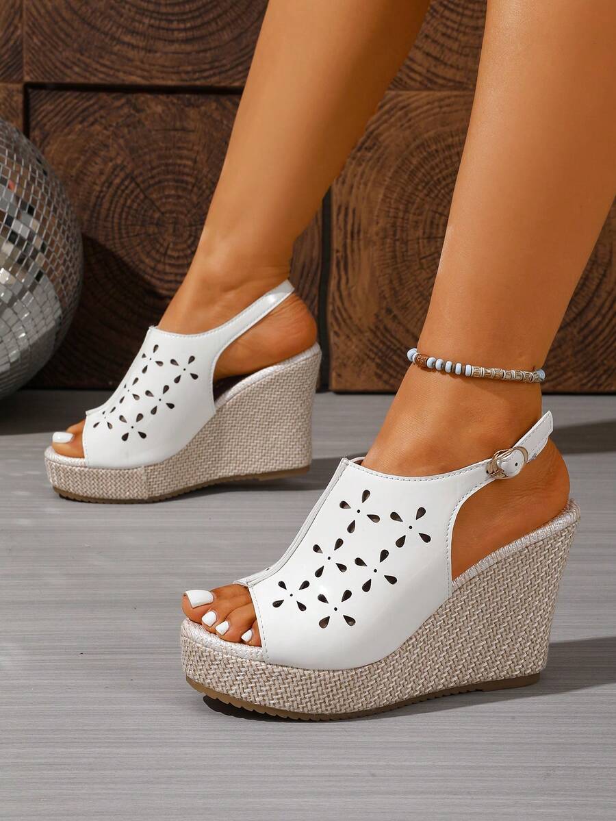 1 Pair Women's Summer Platform Wedge Sandals, Fashionable Hollow-Out Breathable Casual Strap Open Toe Shoes - White - View 1