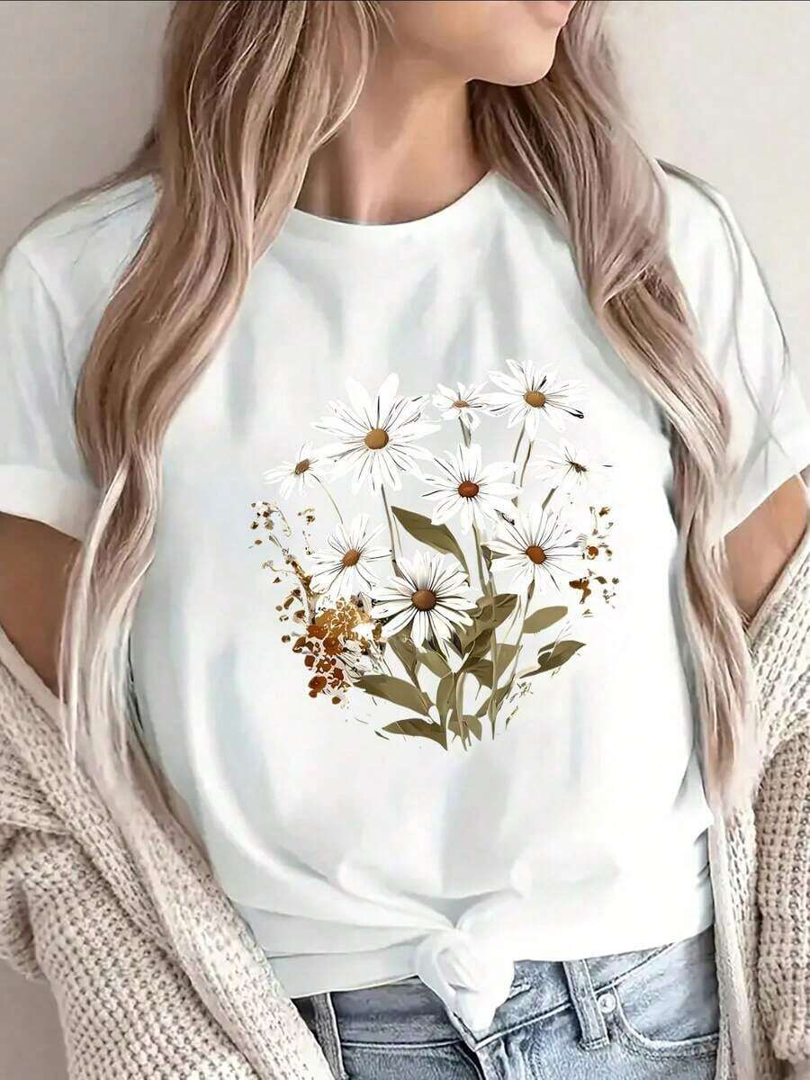 Women's Short-Sleeved Polyester T-Shirt With Floral Daisy Print, Lightweight And Breathable, Perfect For Casual Outings, Wearing At Home Or In The Garden, Soft And Comfortable Fit, Floral Design On A Dark Background. - 白色 - 查看 1