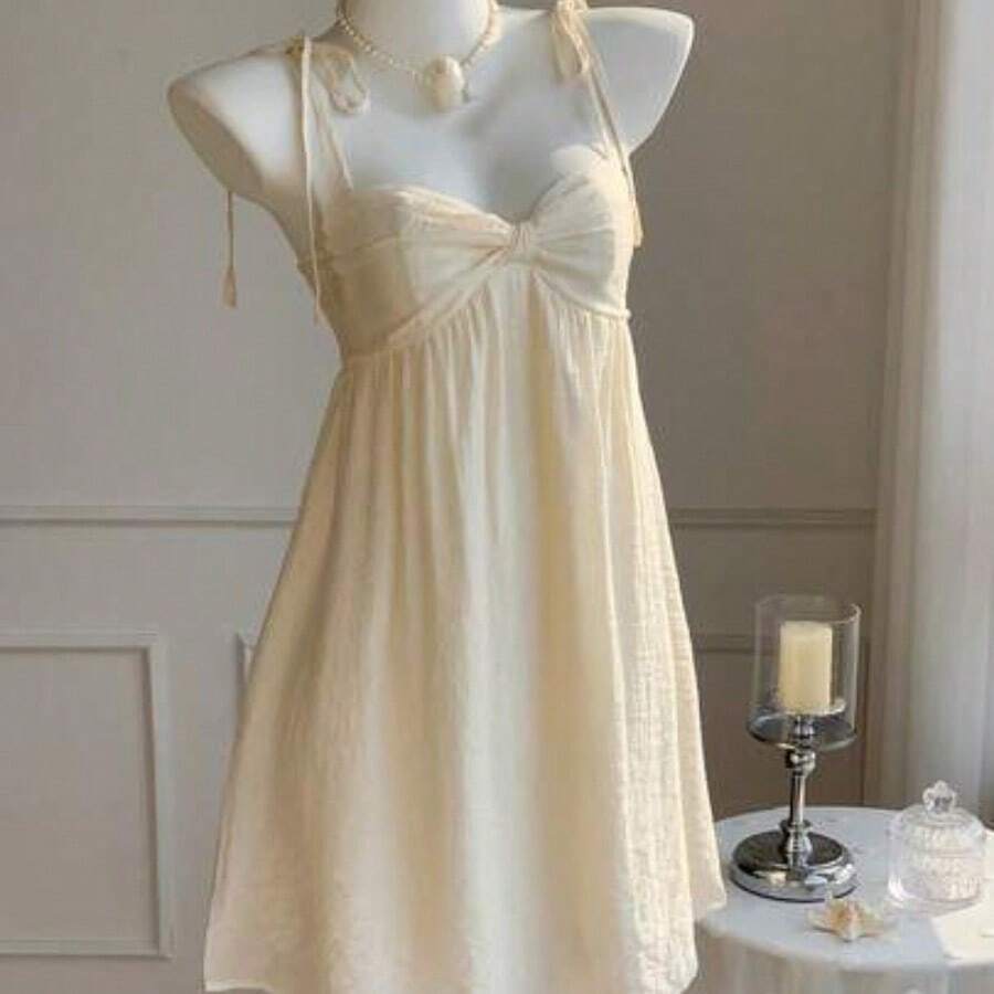 Women's Solid Color Spaghetti Strap Tie-Up Ruched Hem Minimalist Short Casual Dress,Summer Dresses For Women,Pastel Dresses For Women - Albaricoque - Ver 1