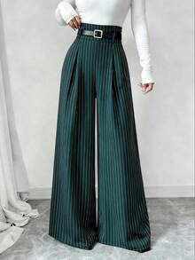 Pantalones de mujer de mezcla de algodón a rayas cómodos, de cintura alta, elegantes y de moda, de alta gama, con pliegues, cintura elástica, rectos, sueltos y de pierna ancha, adecuados para primavera/otoño, uso diario y versátiles - Verde Oscuro - Ver 3