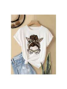Camiseta de manga corta de leopardo para mujer, Camiseta de verano de cuello redondo para mujer - Blanco - Ver 1