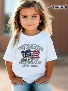 1 camiseta para el 250º aniversario de los Estados Unidos, que se celebra el 4 de julio de 2026, marcando el 250º cumpleaños de la América. Esta camiseta temática está disponible para niñas en negro o blanco, con cuello redondo, mangas cortas y corte regular, perfecta para cualquier temporada. 180g 100% algodón. - Blanco - Ver 7
