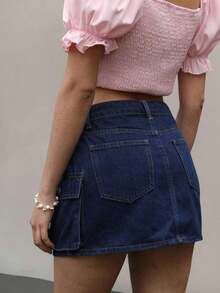 Falda vaquera de cargo de unicolor de verano para mujer - Azul lavado medio - Ver 2