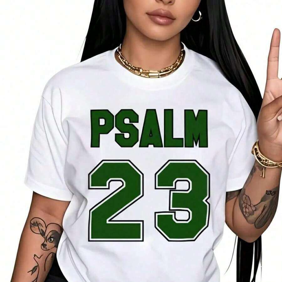 Camiseta Casual para Mujer, Camiseta Premium de Jersey con el Salmo 23 - Camiseta de Algodón Casual de Manga Corta con Cuello Redondo y Letras Verdes en Relieve, Tela Suave y Transpirable para Fiestas y Regalos, Tallas S-5XL, 100% Algodón, Duradera - Blanco - Ver 1