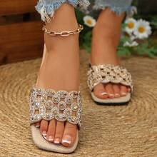 1 Pasang Sandal Selop Gaya Liburan dengan Blok Warna, Sandal Pantai Wanita Ujung Persegi Datar, Sandal Jepit Motif Linen, Pakaian Luar Ruangan Musim Panas Serbaguna - Emas - View 4