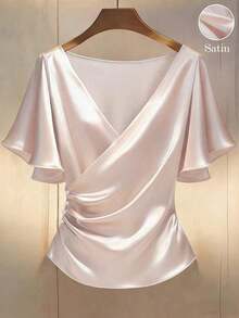 Blusa de satén elegante, blusa de manga corta, blusa de cuello en V, blusa de uso diario - Rosa - Ver 8
