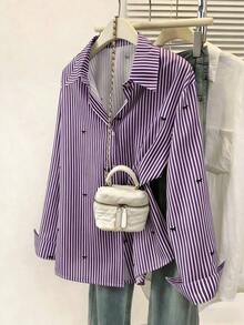 Camisa de manga larga con estampado a rayas y lazo, con botones delanteros, cuello de camisa, top casual, adecuado para primavera, otoño e invierno en color rosa - Morado - Ver 2