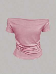 Camiseta de mujer de unicolor y diseño minimalista con hombros descubiertos, para uso casual diario - Rosa Pálido - Ver 3