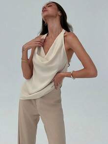ajustado de mujer de cuello halter con efecto drapeado en un bloqueo de colores minimalista y elegante - Albaricoque - Ver 4