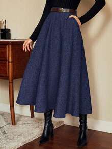 DECDS Falda elegante vintage para mujer con bolsillos y cinturón a cuadros, falda casual de vacaciones, falda gris de otoño, invierno y Navidad, falda para invitada de boda - Azul marino - Ver 3