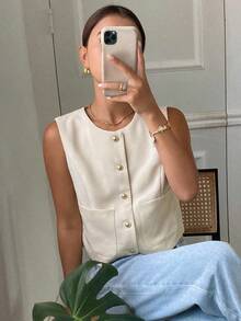 Chaqueta ajustada sin mangas de cuello redondo de unicolor para mujer, primavera/verano - Albaricoque 2 - Ver 3