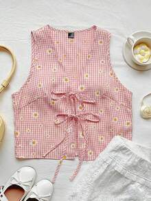 Camisa casual de mujer con nudo delantero y estampado de cerezas para vacaciones - Rosa - Ver 5