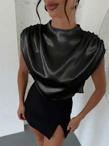 Blusa de mujer con cuello mao de unicolor y pliegues, informal y elegante, manga de murciélago fruncida, ajuste regular, top casual de uso diario para primavera/verano - Negro - Ver 5