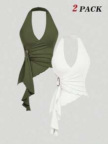 2 piezas Parte superior de tirantes casual con hebilla metálica anudada y bajo asimétrico ajustado, ropa de mujer para Navidad, Año Nuevo, fiesta, Acción de Gracias, blanco, salir, vacaciones - Verde militar - Ver 6