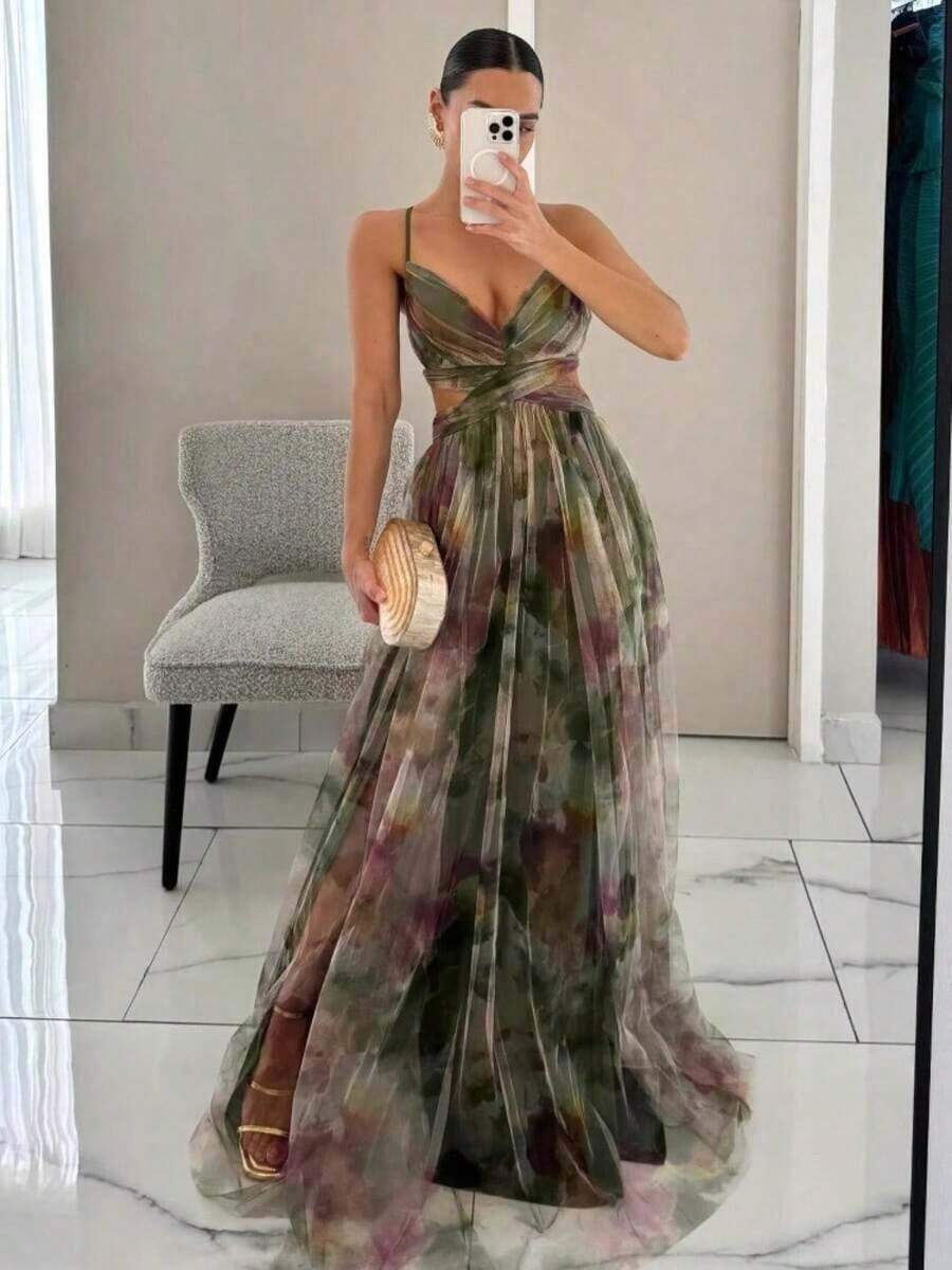 Dresses For WomenSpring And Summer New Mesh Printing Suspender Dress Vacation Casual Party DressLoose And Comfortablevestidos De Mujer - xanh quân đội - Xem 1