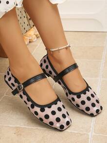 Women's Shoes, Size 35-43, Spring/Autumn New Arrival, Square Toe, Color Block, Fashion Ballet Shoes, Mesh Patchwork Mary Jane Shoes, Versatile For Commute, Office, Comfortable And Elegant Sandals With Rubber Sole And Mesh Overlay - Mesh Bottom - Large Black Dots - View 3
