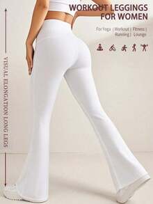 Pantalones acampanados de cintura alta de unicolor para mujer, leggings deportivos de yoga, pantalones ajustados de compresión, pantalones para correr y fitness, ropa de mujer, leggings de mujer, pantalones largos de verano para mujer primavera - Blanco - Ver 2