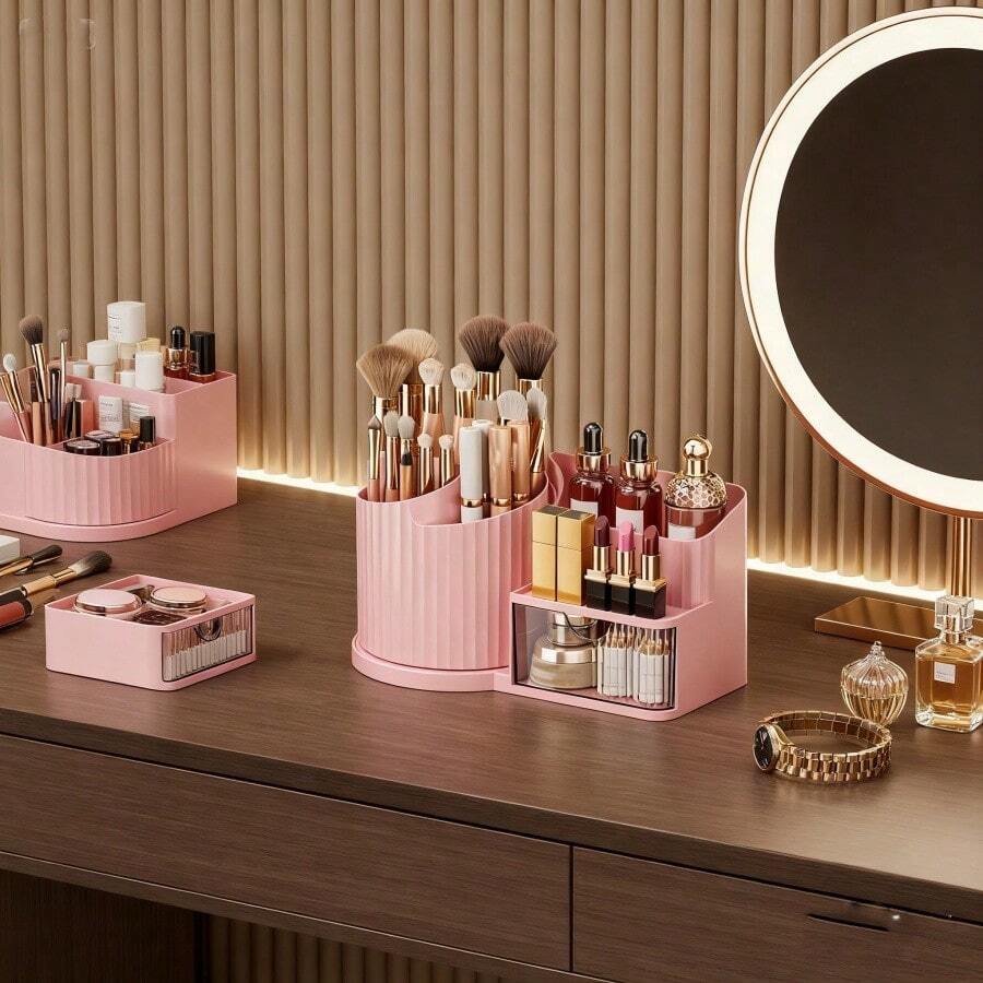 360° Rotating Bathroom Makeup Organizer, Makeup Bag & Cosmetic Box, Storage & Organization, Makeup Storage, Makeup Display Rack & Cosmetic Storage Box, Makeup Organizer And Desktop Pen Holder With 5 Compartment Plastic Makeup Shelves