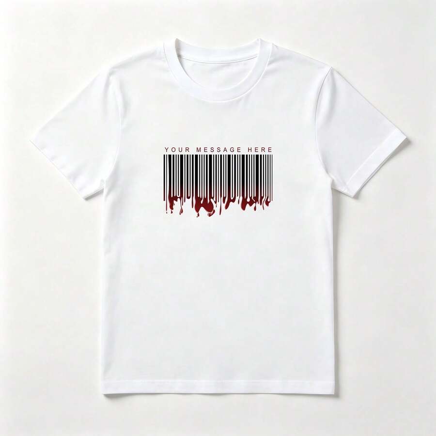 Cotton T-Shirt With Barcode Print - Modern Urban Graphic Design - 白色 - 查看 1