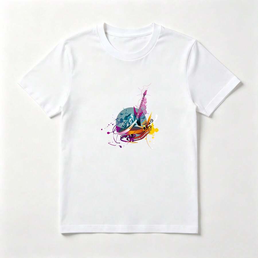 Camiseta Mujer Algodón Estampado Guitarra y Zapato Deportivo - Top Casual Rockero - Blanco - Ver 1