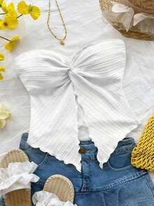 Top tubo de punto de textura amarillo ganso para mujer con abertura anudada en el medio delantero y borde ondulado, ajuste ceñido, para uso en fiestas, vacaciones y otoño/invierno - Blanco - Ver 10