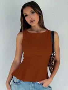 1 pieza Blusa informal de punto de unicolor con volante, verano - Marrón - Ver 1