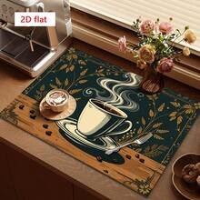 1pc Vintage Cartoon Hand-Painted Coffee Cup & Coffee Bean Pattern Dish Drying Mat, Dark Green Background With Golden Floral Texture, Suitable For Dining Table, Cafe, Multipurpose Drainage Mat, Home Gift, Desktop Decor - XYLSD-340 - View 2
