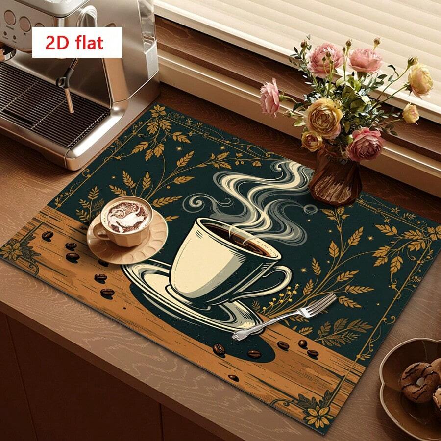 1pc Vintage Cartoon Hand-Painted Coffee Cup & Coffee Bean Pattern Dish Drying Mat, Dark Green Background With Golden Floral Texture, Suitable For Dining Table, Cafe, Multipurpose Drainage Mat, Home Gift, Desktop Decor