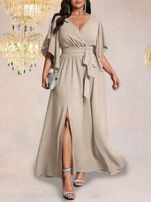 Vestido maxi elegante de fiesta con abertura, cuello en V ajustado, mangas acampanadas y cintura fruncida, talla grande para mujer - Albaricoque - Ver 7