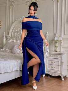 Vestido largo de fiesta elegante y ajustado con hombros descubiertos y abertura para mujer de talla grande, ideal para fiestas navideñas y ocasiones formales.Disponible en azul marino. - Azul - Ver 5