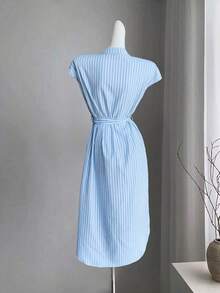 Vestido largo de manga corta para verano 2025, nuevo, con bolsillo, abertura lateral, cinturón y lazo, estampado de leopardo, para uso casual y de viaje - Azul 2 - Ver 7