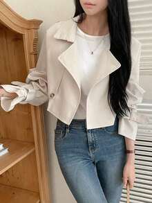 Abrigo casual de trinchera de unicolor con botones delanteros y manga larga, ropa de otoño para mujer - Albaricoque - Ver 3