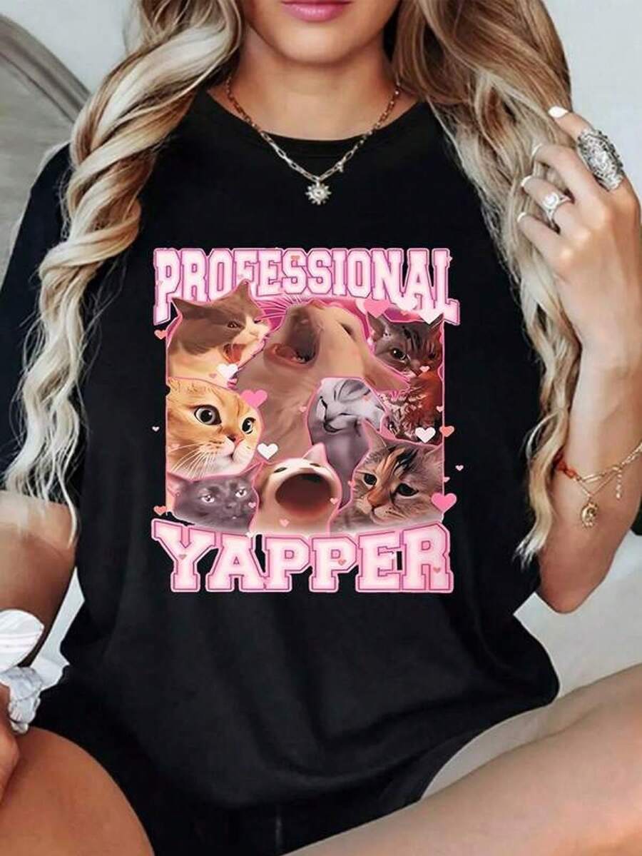 Ilustración divertida de varios gatos mostrando diferentes expresiones tiernas con corazones rosados que simbolizan amor y alegría camiseta para mujer 100% algodón