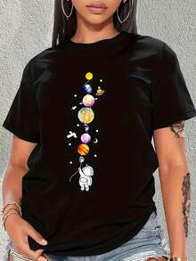 1 camiseta casual estampada de talla grande, 100% algodónropa de calor mujer - Negro - Ver 1