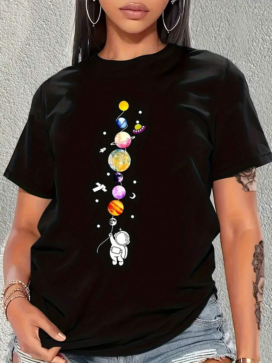 1 camiseta casual estampada de talla grande, 100% algodónropa de calor mujer - Negro - Ver 1