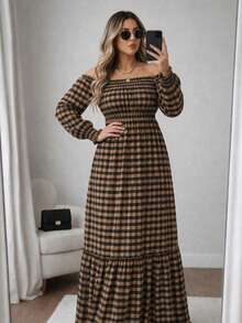 Adult Plus Size Long Plaid Dress With 3/4 Sleeves, Adjustable Elastic Waistband, Perfect For June Festivals, Country Fashion, Loose Fit, And Comfortable. - Nâu/Đen - Xem 9
