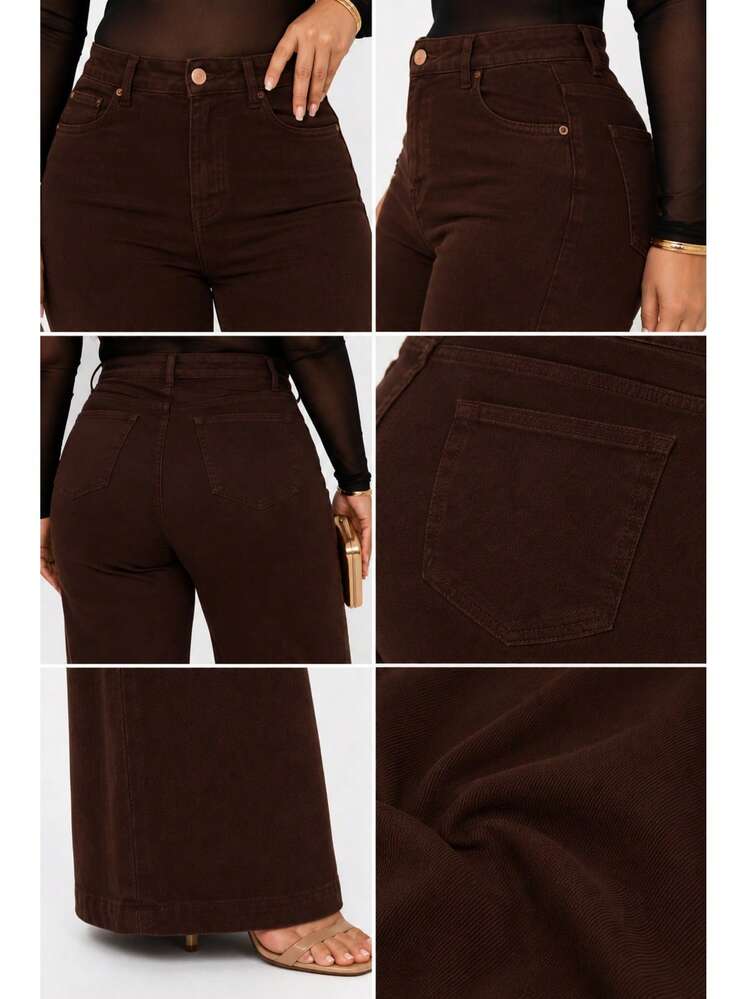 Women's Wide Leg Plus Size Jeans - High Quality - 咖啡棕 - 查看 3