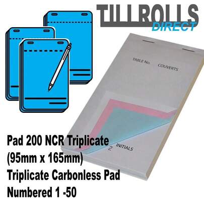 Large Triplicate NCR Waitress Pad/ Waiter Pad / TP200 /Pad 200 - 50 PADS PER BOX