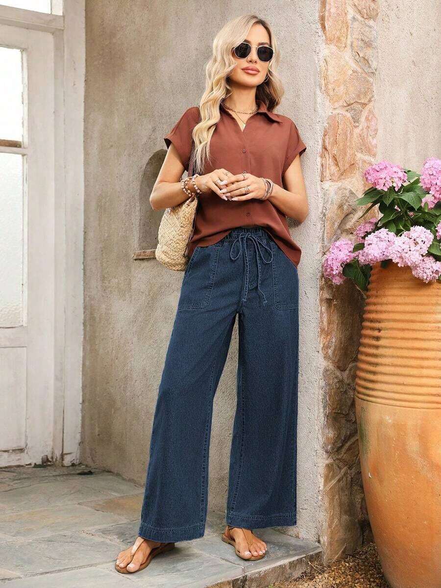 Jeans de pierna ancha con cintura con cordón y bolsillos, de uso versátil y casual para uso diario - Azul lavado oscuro - Ver 1