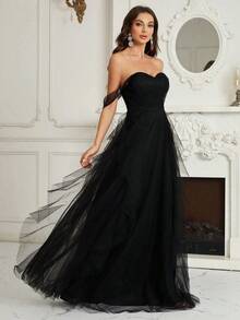 Belle Vestido de dama de honor con hombros descubiertos y malla, negro, elegante, formal, de noche, para graduación, cena o fiesta de boda - Negro - Ver 6