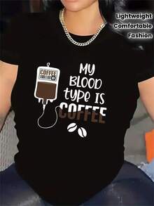 Camiseta 100% algodón, con la impresión "Mi tipo de sangre es café". |   Muy adecuada para cafeterías y cocinas, duradera y ligera, perfecta para el uso diario, tela cómoda, camiseta con diseño de moda para adultos, cuello redondo, tela de elasticidad media, ropa casual para uso diario. - Negro - Ver 1