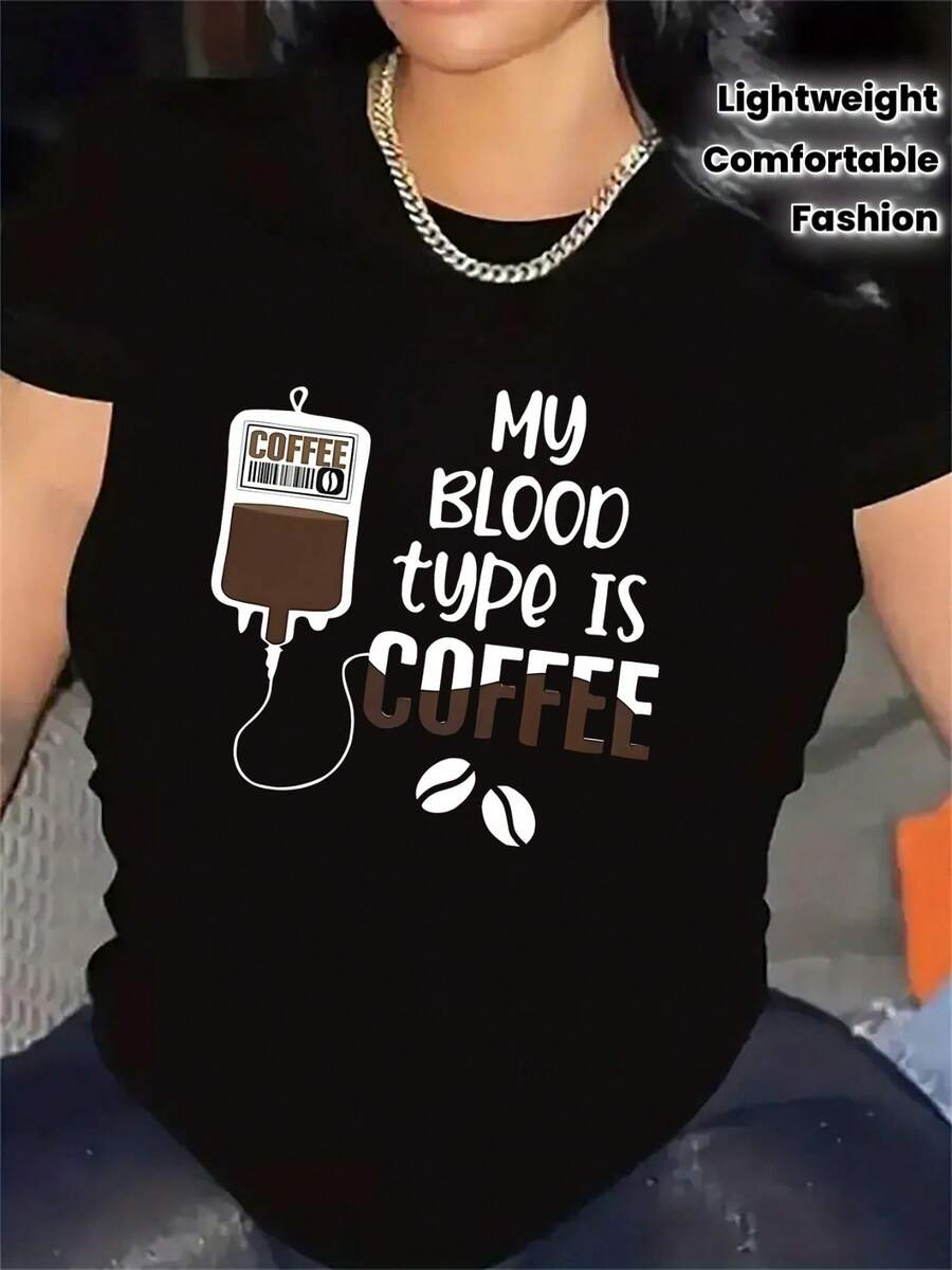 Camiseta 100% algodón, con la impresión "Mi tipo de sangre es café". | Muy adecuada para cafeterías y cocinas, duradera y ligera, perfecta para el uso diario, tela cómoda, camiseta con diseño de moda para adultos, cuello redondo, tela de elasticidad media, ropa casual para uso diario. - Negro - Ver 1