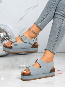 Giày sandal nữ điều chỉnh được kiểu đan rơm, quai đôi có khóa cài phía sau, hở mũi, đế dày, giày casual mùa hè, sandal đế dày, kiểu dáng đi nghỉ mát. - Sọc xanh - Xem 6