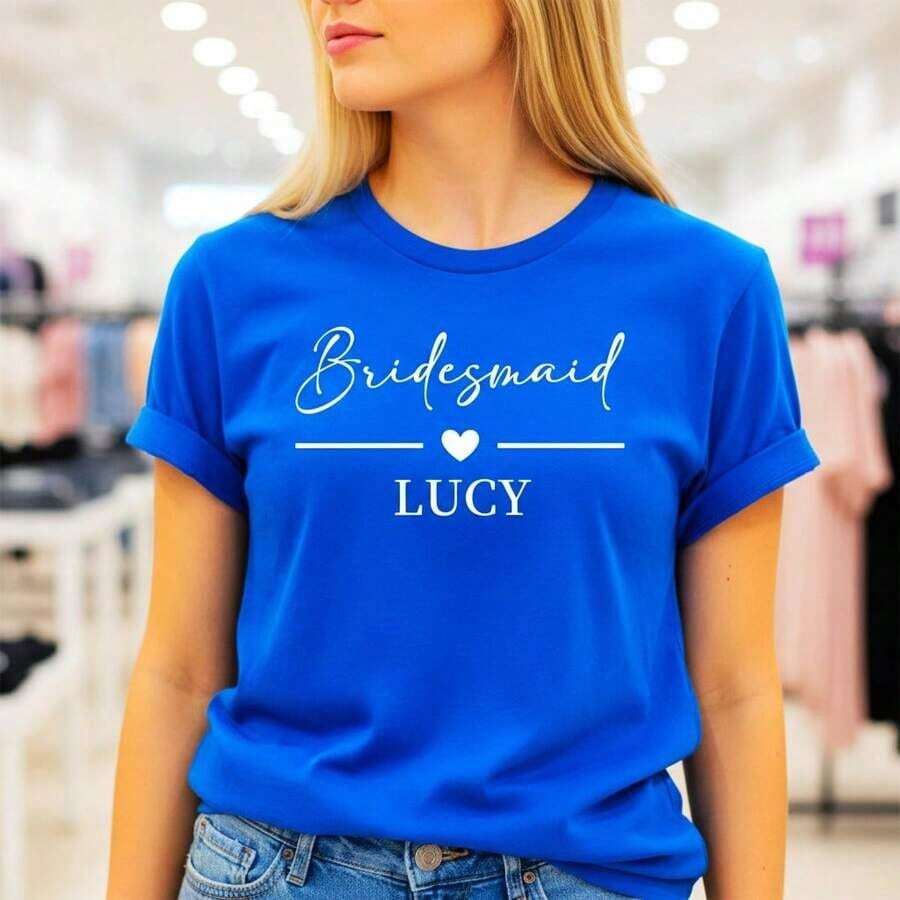 Vintage Pure Cotton Bridesmaid T-Shirt With Personalized Name "Lucy" - Short Sleeve, Crew Neck, Casual Style, Soft And Comfortable, Loose Fit, Perfect For Bachelorette Parties, Wedding Events, Bridal Shower Gift, BlackFashion - 藍色 - 查看 1