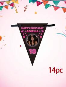 Bandeirola de aniversário personalizada com foto e texto, bandeirinha triangular personalizada com nome e idade, decoração para festa de aniversário de 18/21/30 anos, bandeirinha triangular preta com estrelas brilhantes, decoração para festa de aniversário. - Multicolorido - Ver 10