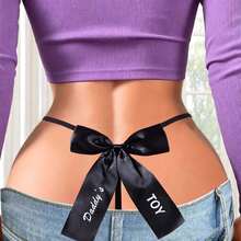 1 pieza Tanga sexy con letras de strass caladas, lencería erótica de cintura baja - Negro - Ver 1