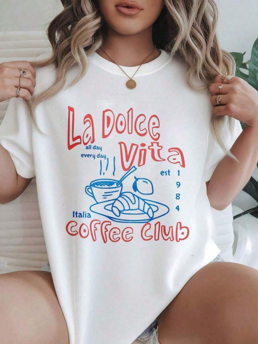 Camiseta Casual de Manga Corta para Mujer Estilo Vintage - La Dolce Vita Coffee Club Italy Est 1984, Cuello Redondo, Top de Verano, Lavable a Máquina, Camisetas para Damas, Ropa Casual, Estilo Moderno, Ajuste Cómodo
BlackFashion - Blanco - Ver 1