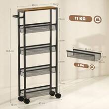 Kitchen Trolley/Serving Trolley With 5 Shelves, Rolling Kitchen Rack With Countertop, Wheels And Handle, 47 X 13 X 96.5 Cm, Black - Black - View 3