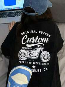 Women's Round Neck T-Shirt With A Relaxed Fit, Japanese Style, Short Sleeves, And A Letter And Motorcycle Print. Very Versatile And Comfortable For Spring And Summer, A , Youthful Look Ideal For Everyday Wear And Casual Outings. JMFB - 黑色 - 查看 9